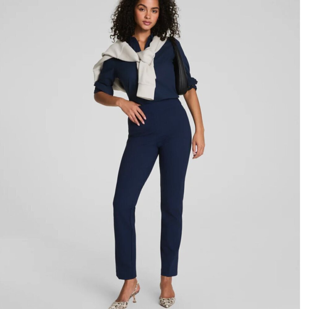 SPANX PerfectFit Ponte Slim Straight Pant in Navy Pinstripe Pull-on pants sz L